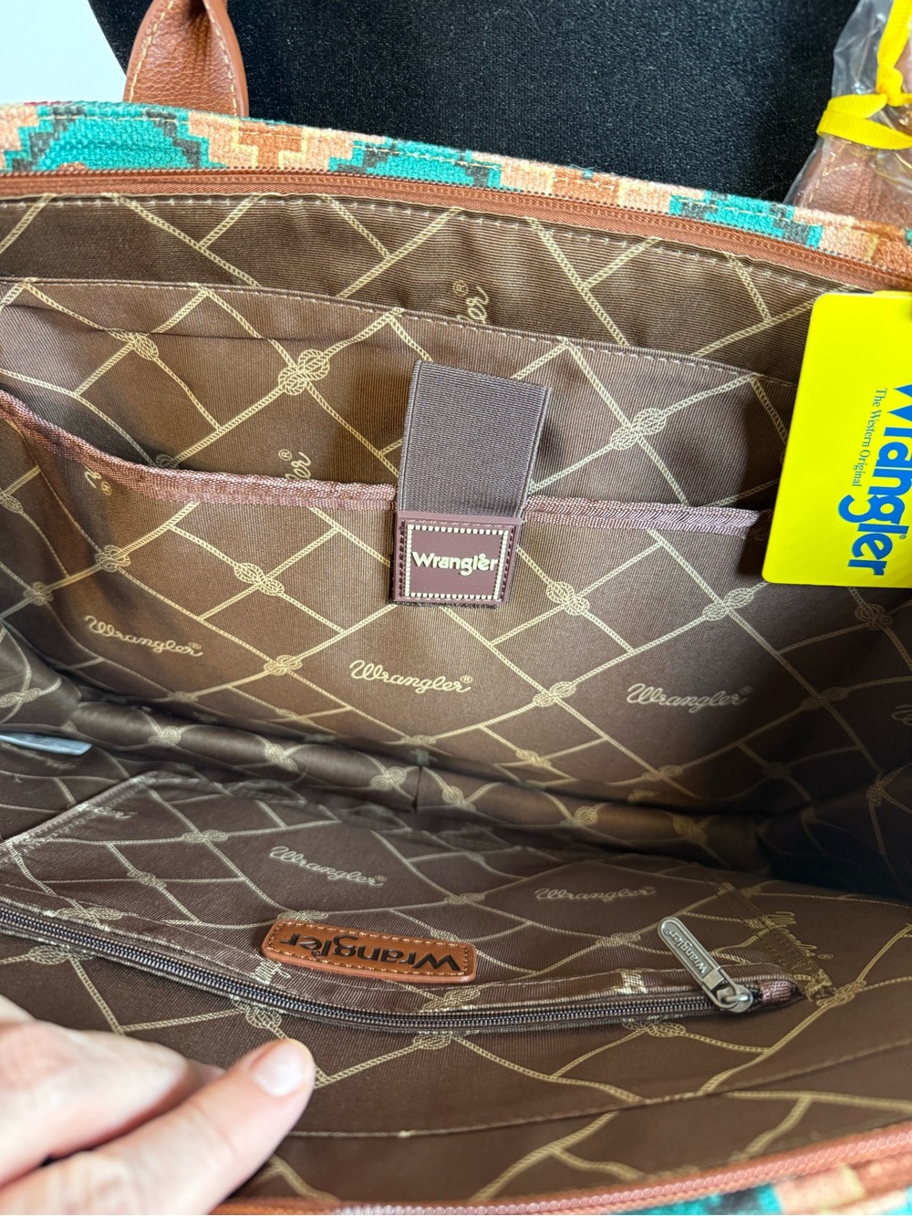 NWT Wrangler Aztec Western Canvas Tote Bag Turquoise Brown Southwestern Purse - Picture 6 of 9